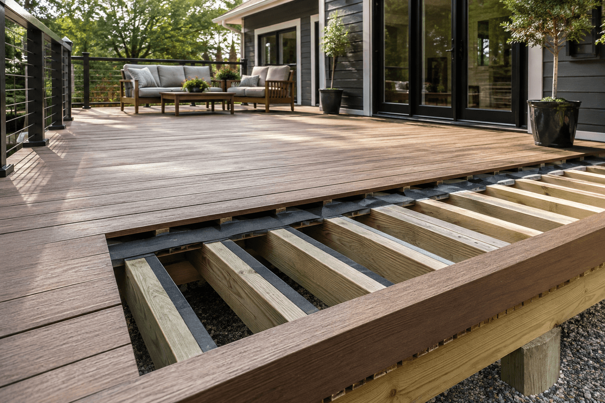 Composite deck with protected framing and open drainage Composite deck with protected framing and open drainage
