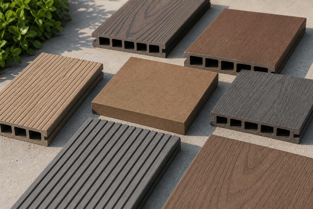 Composite decking profiles shown with clips and fascia trim Composite decking profiles shown with clips and fascia trim