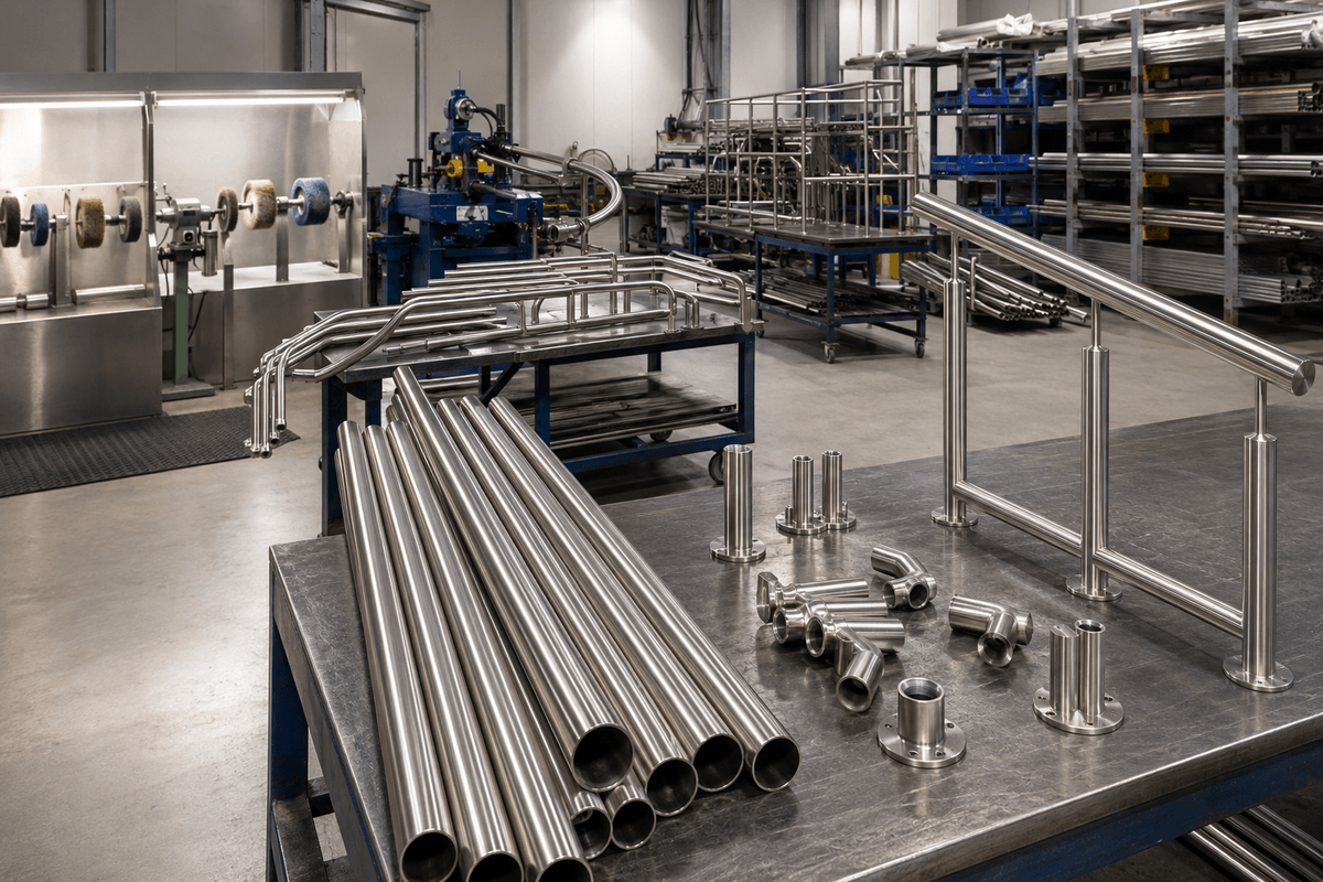Stainless steel handrail components staged for polishing after consistent tube preparation Stainless steel handrail components staged for polishing after consistent tube preparation