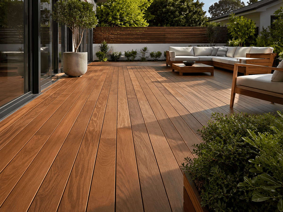 Iroko decking boards with rich golden-brown grain on a finished garden terrace Iroko decking boards with rich golden-brown grain on a finished garden terrace