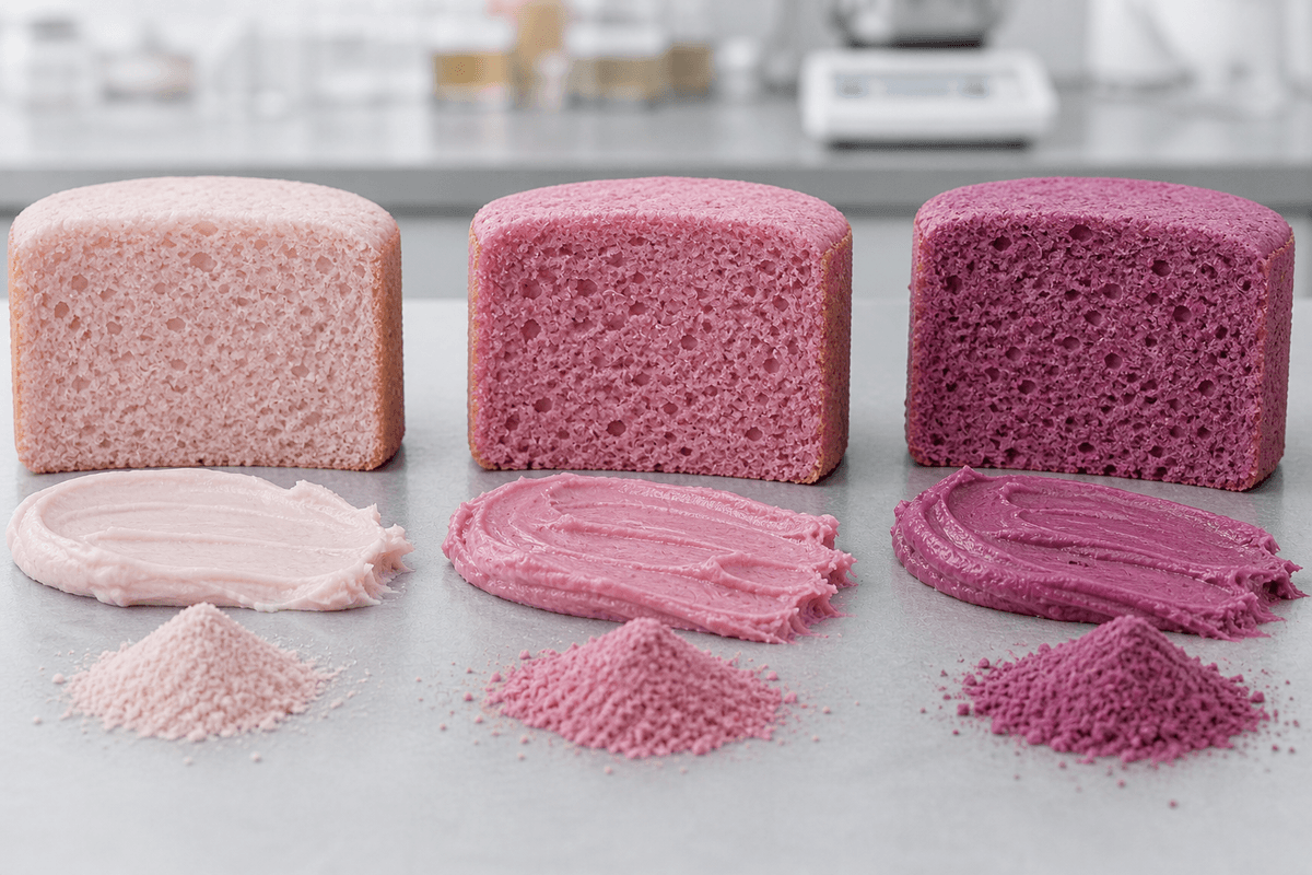 close-up cake crumb frosting and fruit powder across three dosage levels close-up cake crumb frosting and fruit powder across three dosage levels