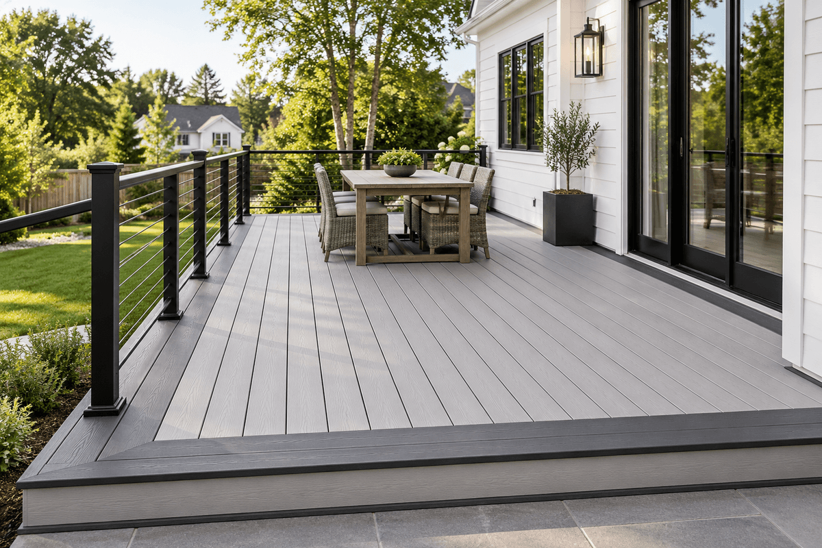 Light gray composite deck with dark border and black railing Light gray composite deck with dark border and black railing