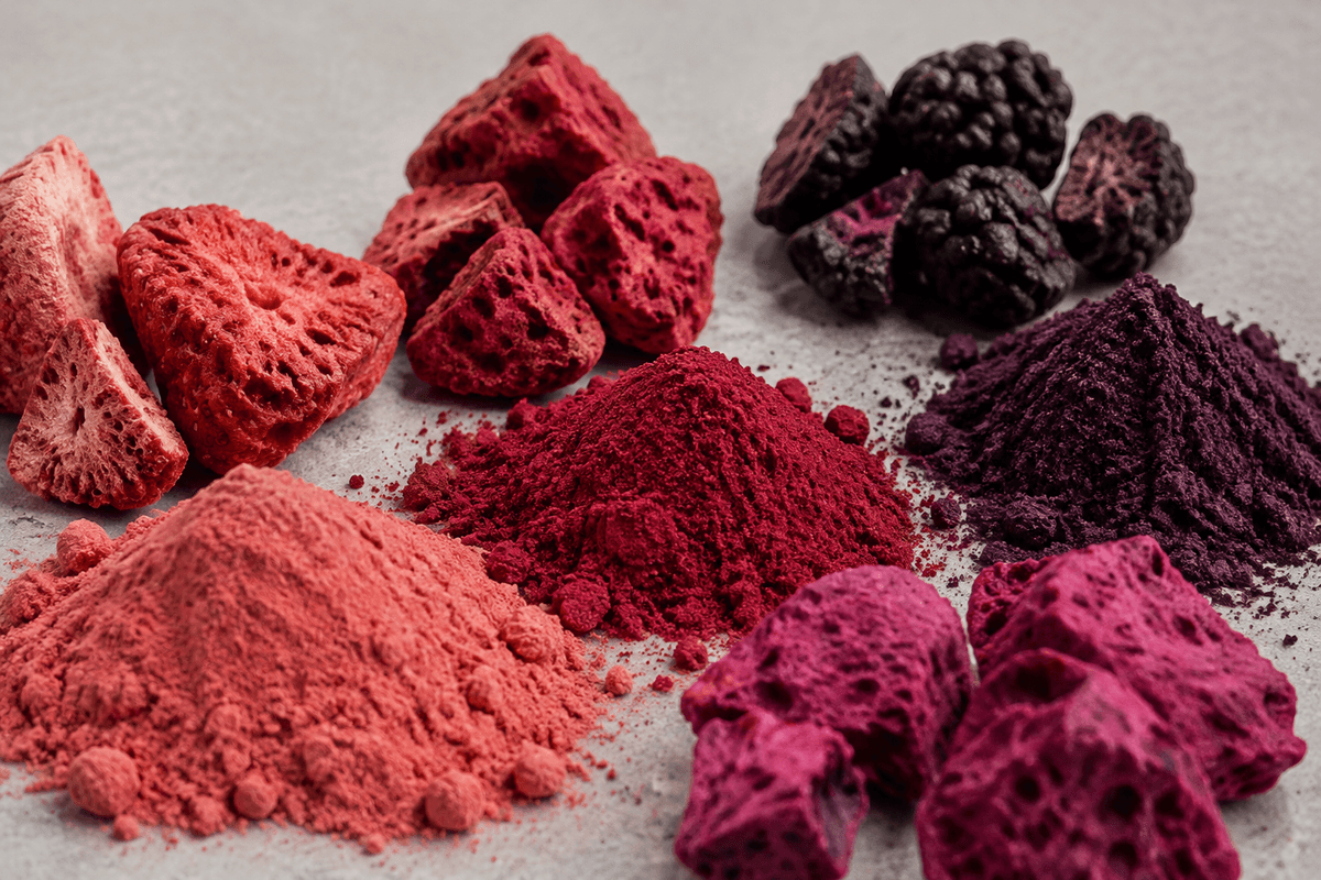 macro view of red and purple freeze-dried fruit powders and fruit pieces macro view of red and purple freeze-dried fruit powders and fruit pieces