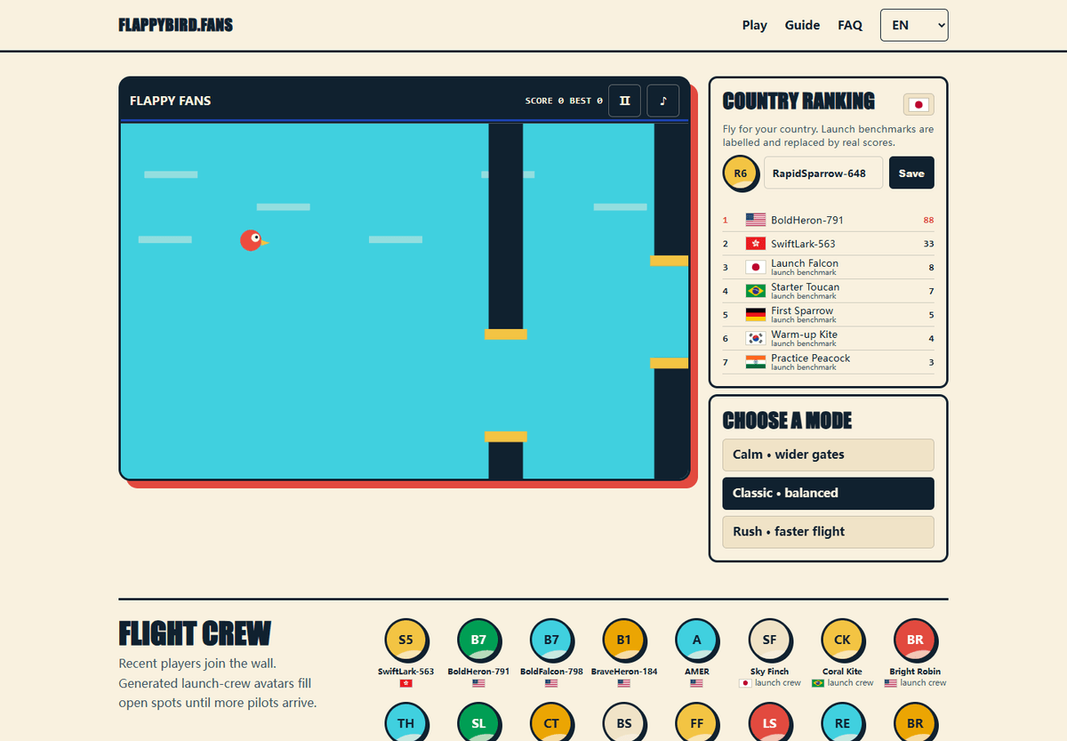 FlappyBird.fans game in progress with a bird moving between green pipes. FlappyBird.fans game in progress with a bird moving between green pipes.