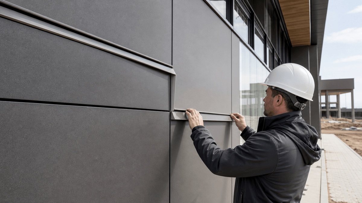 Folded cladding trim around modern facade panels Folded cladding trim around modern facade panels