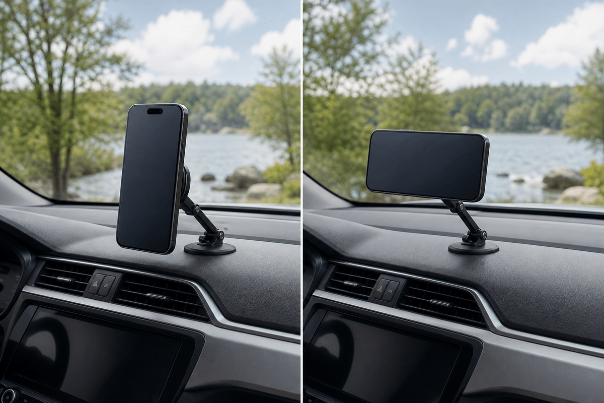 Foldable MagSafe car mount hinge tested in parked vehicle Foldable MagSafe car mount hinge tested in parked vehicle