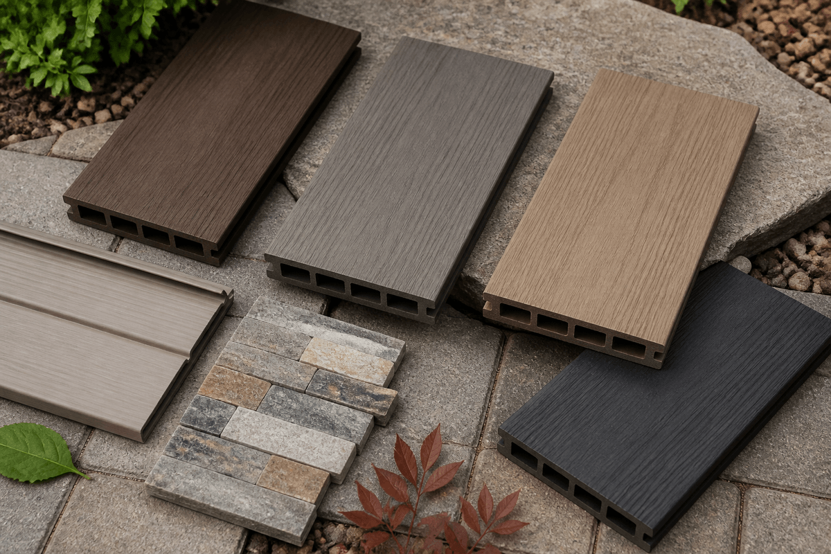 Wood effect composite decking in a warm backyard setting Wood effect composite decking in a warm backyard setting