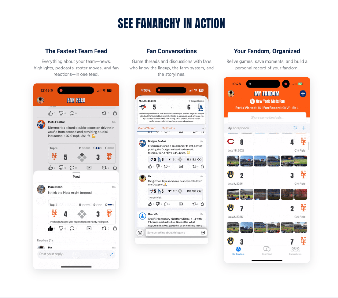 Fanarchy mobile screens showing a team feed, game conversation, and a personal history of attended baseball games. Fanarchy mobile screens showing a team feed, game conversation, and a personal history of attended baseball games.