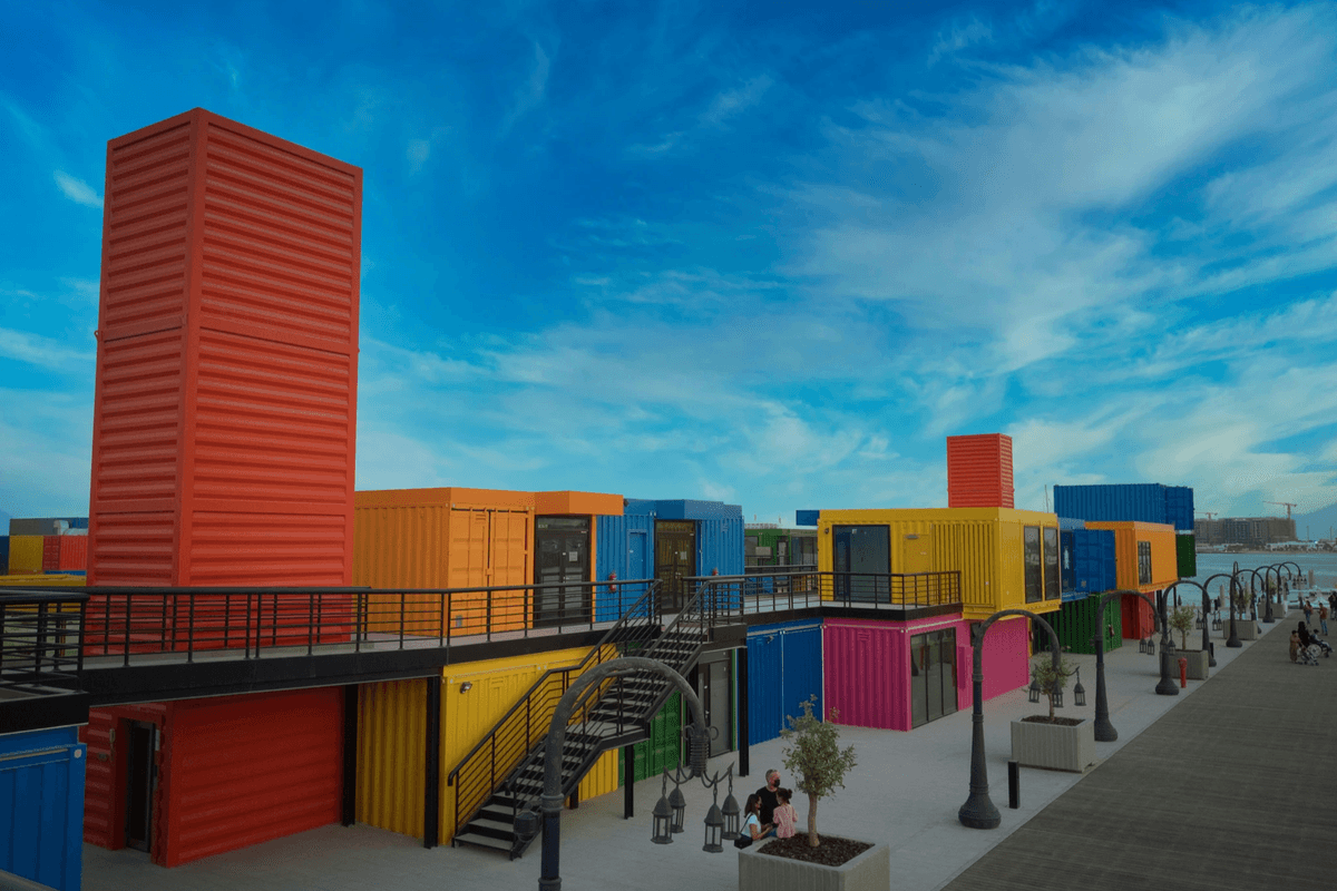 Vibrant scene at a shipping container shop market. Vibrant scene at a shipping container shop market.