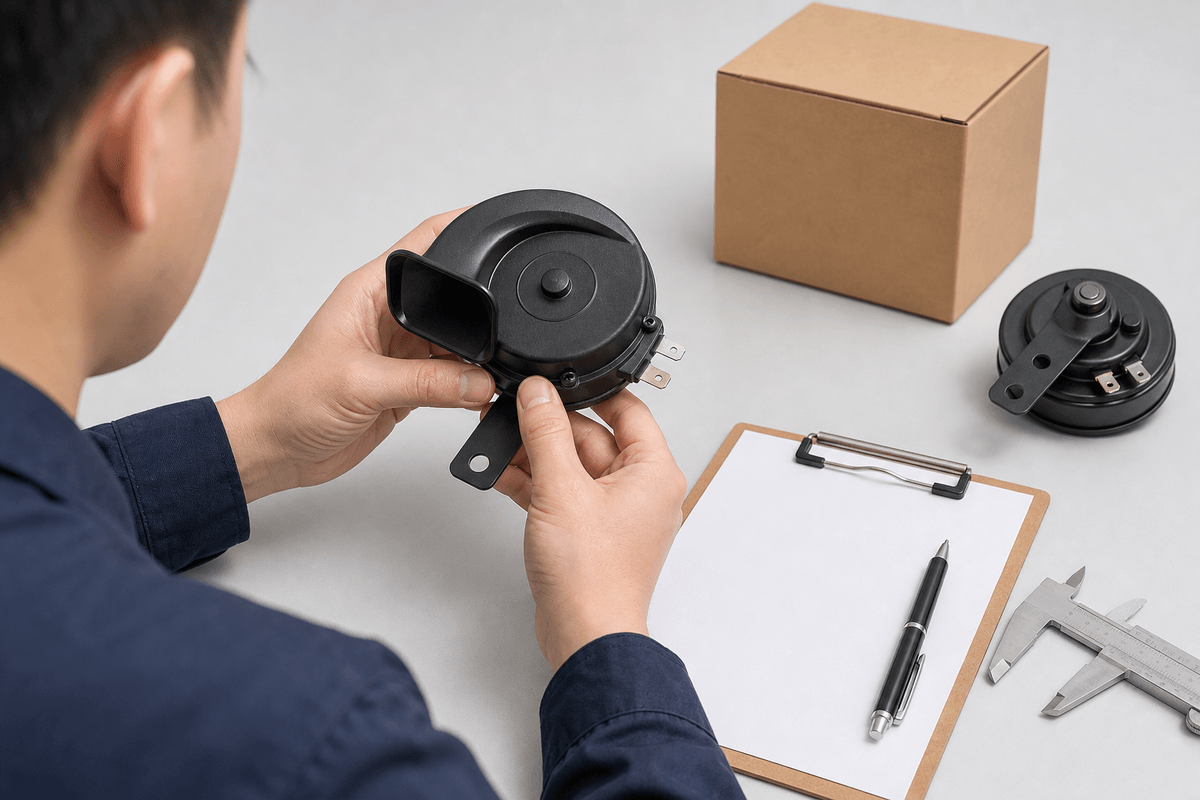 Buyer checking 12V sports horn before listing 118dB claim Buyer checking 12V sports horn before listing 118dB claim