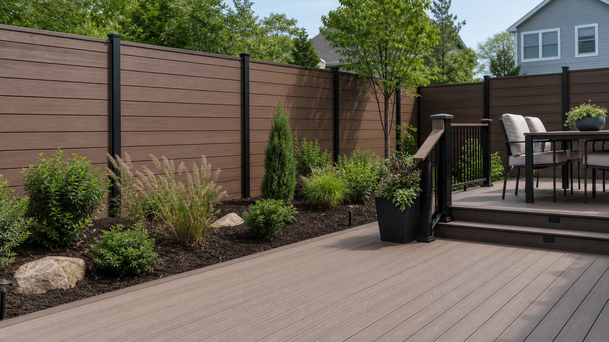 Composite fencing framing a clean backyard deck and garden Composite fencing framing a clean backyard deck and garden
