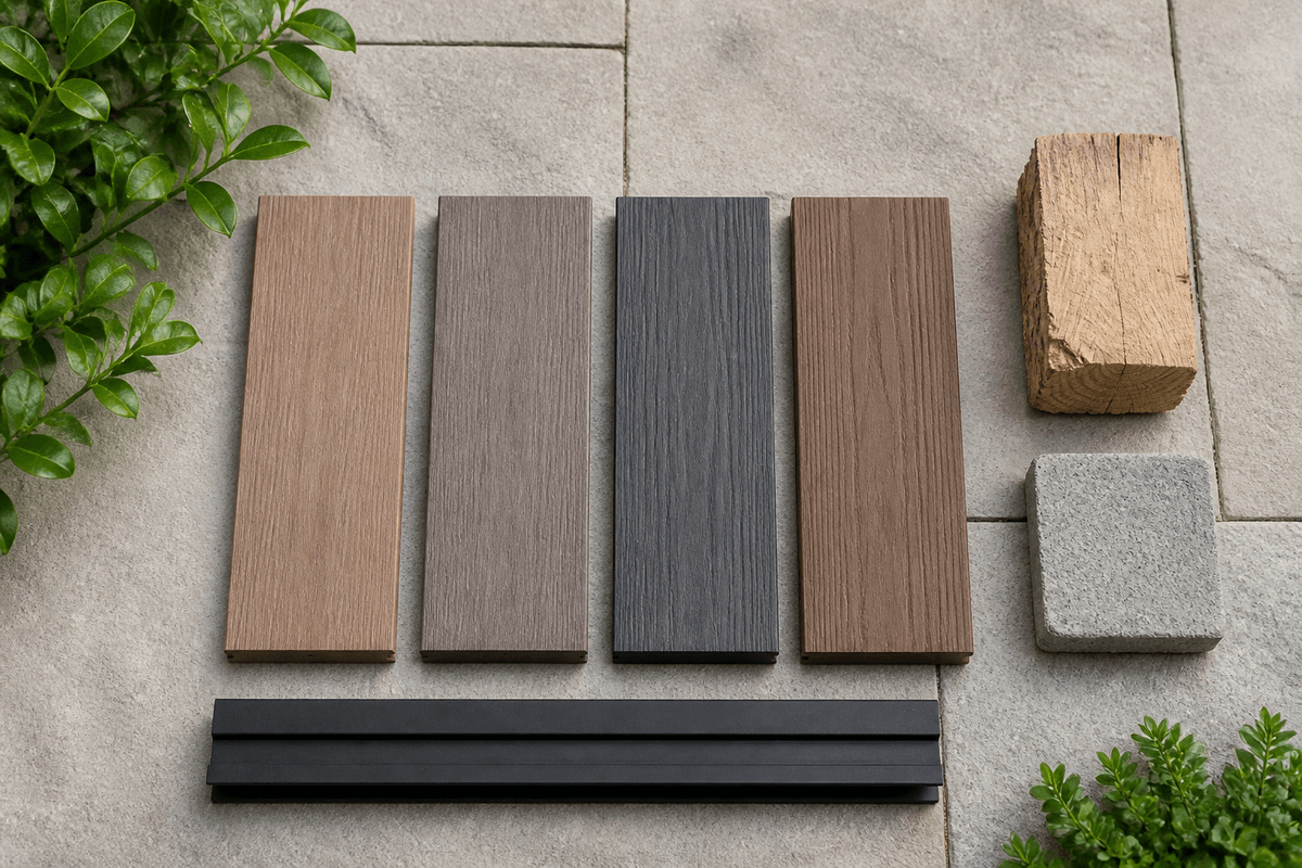 Composite wood material samples compared with natural wood and stone Composite wood material samples compared with natural wood and stone