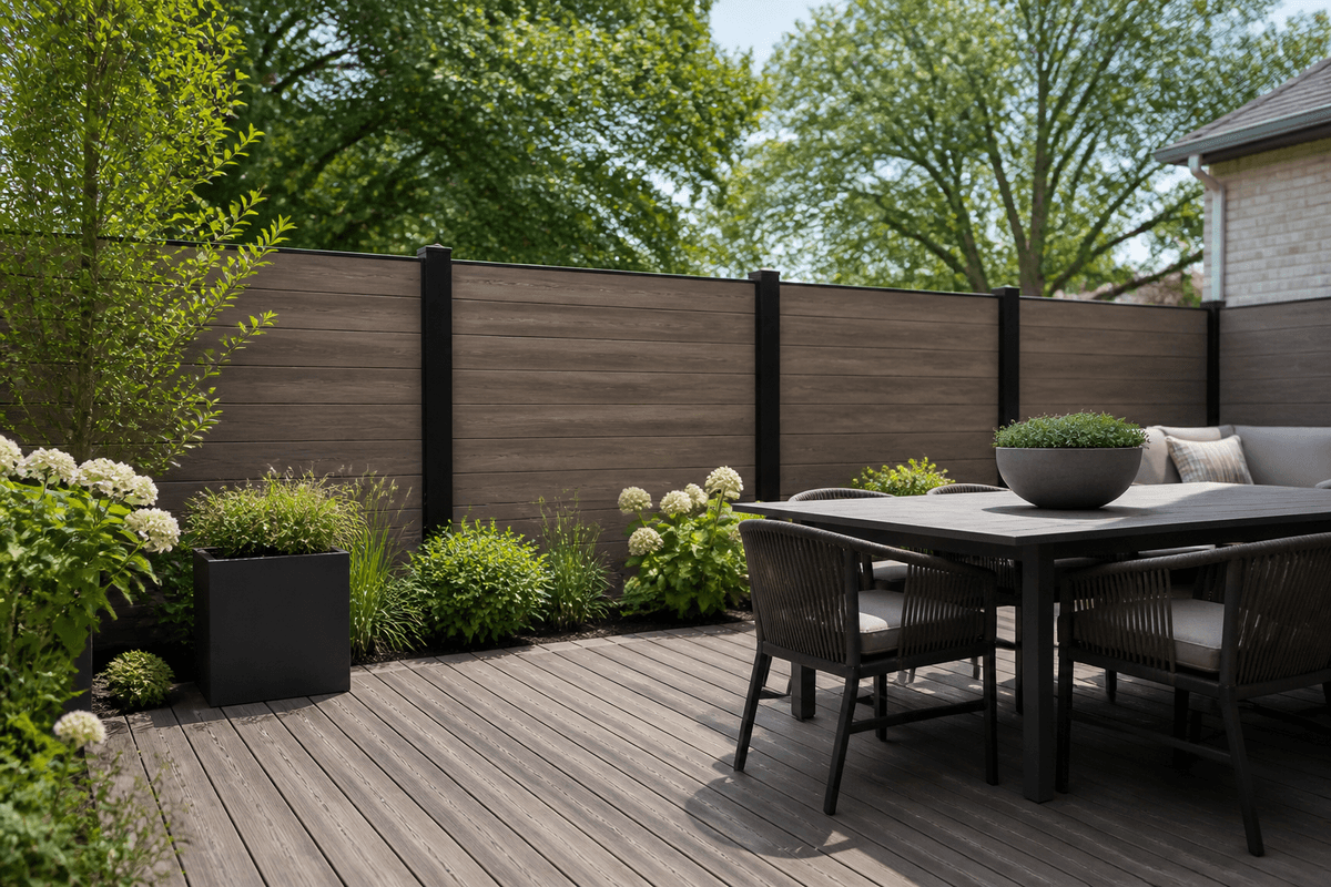 Wood plastic composite fencing behind a coordinated backyard deck Wood plastic composite fencing behind a coordinated backyard deck