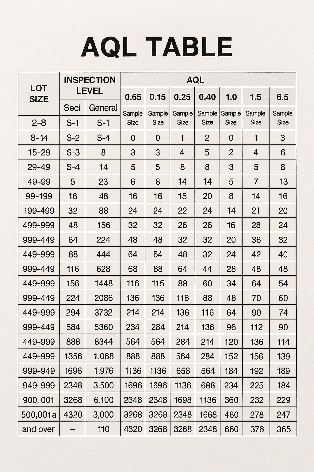 A comprehensive view of an aql table used in quality control. A comprehensive view of an aql table used in quality control.