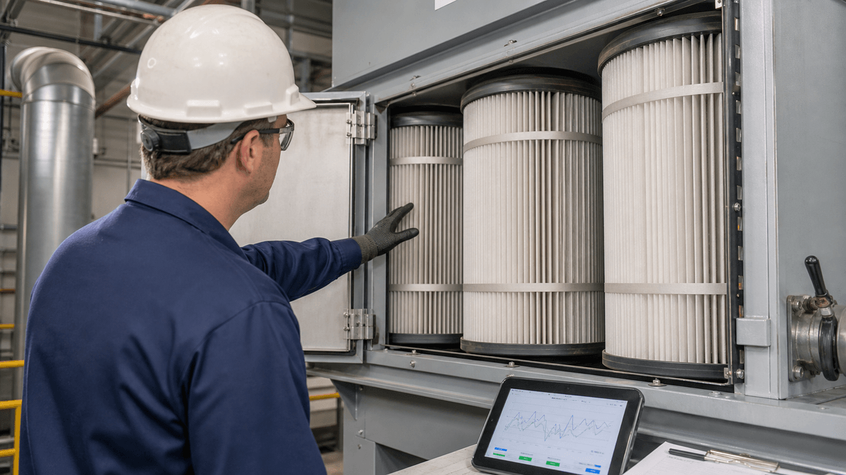 technician inspecting dust collector filters after pressure change technician inspecting dust collector filters after pressure change