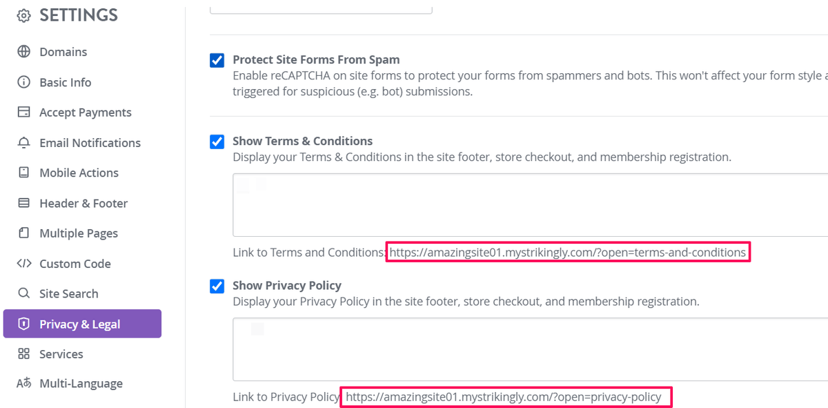 Strikingly Privacy and Legal settings for displaying terms and a privacy policy in the footer Strikingly Privacy and Legal settings for displaying terms and a privacy policy in the footer
