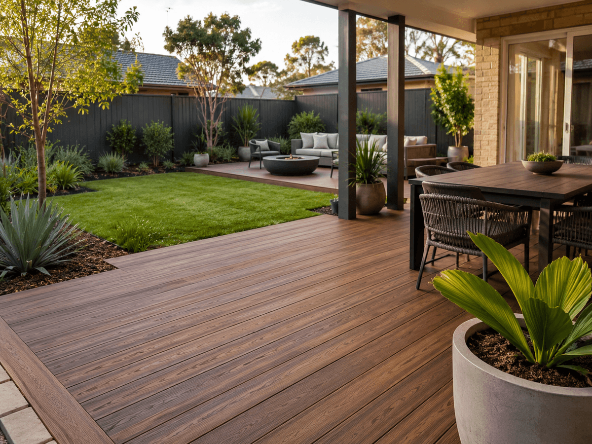 Composite timber decking in a residential outdoor setting Composite timber decking in a residential outdoor setting