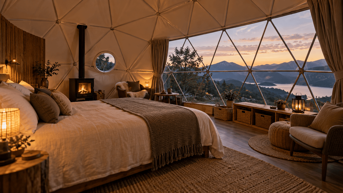 Interior panorámico de domo habitable para glamping Interior panorámico de domo habitable para glamping