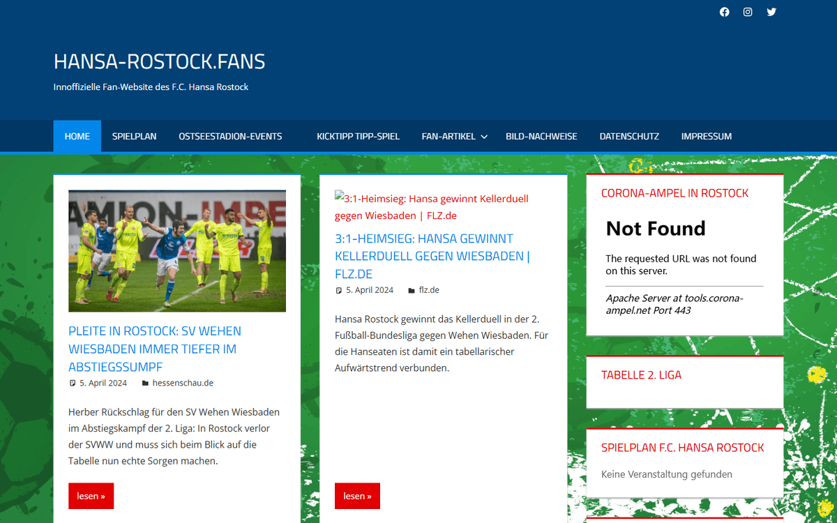 Hansa-Rostock.Fans homepage showing dated football reports with visible publisher categories. Hansa-Rostock.Fans homepage showing dated football reports with visible publisher categories.