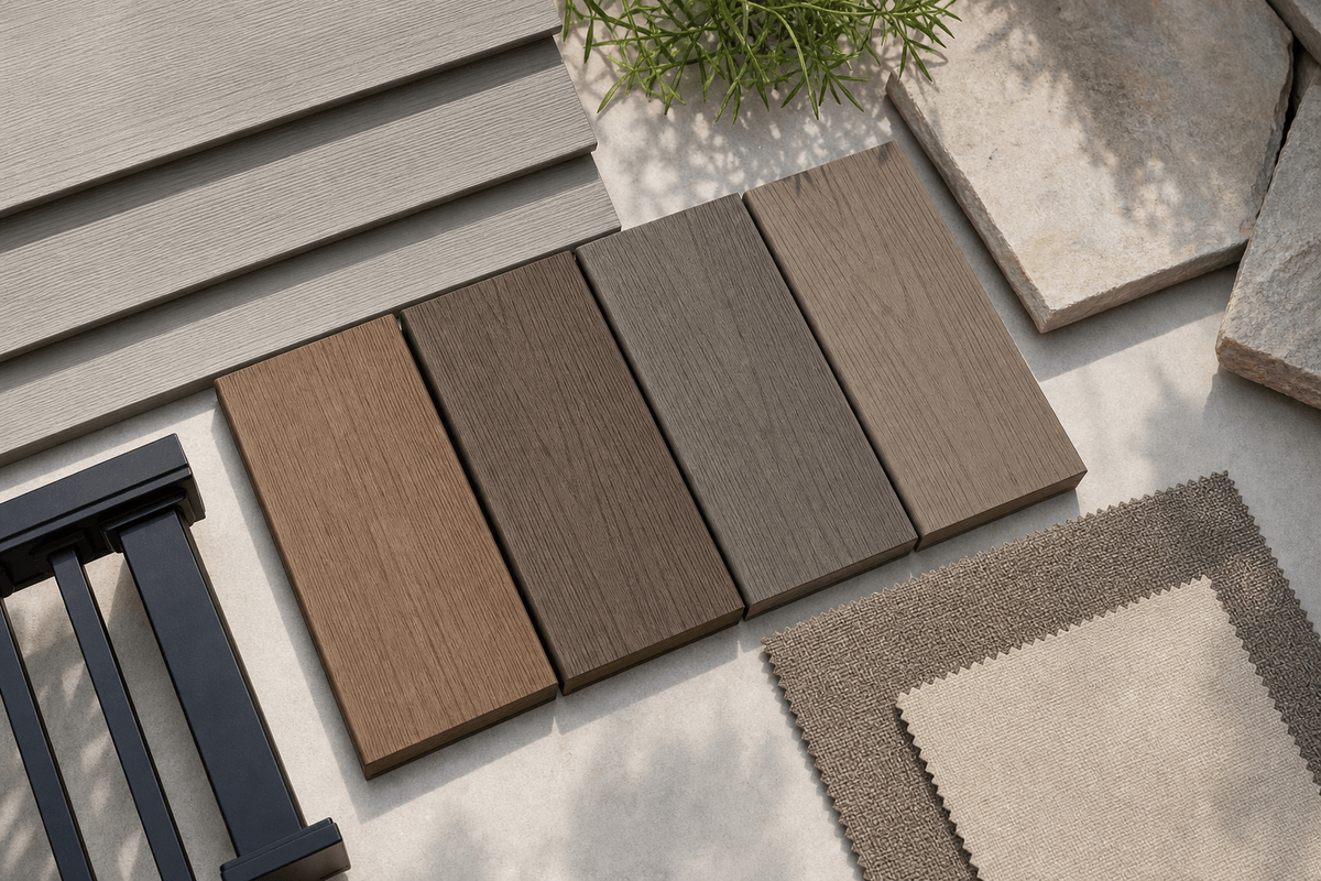 Composite deck sample palette beside siding stone and railing materials Composite deck sample palette beside siding stone and railing materials