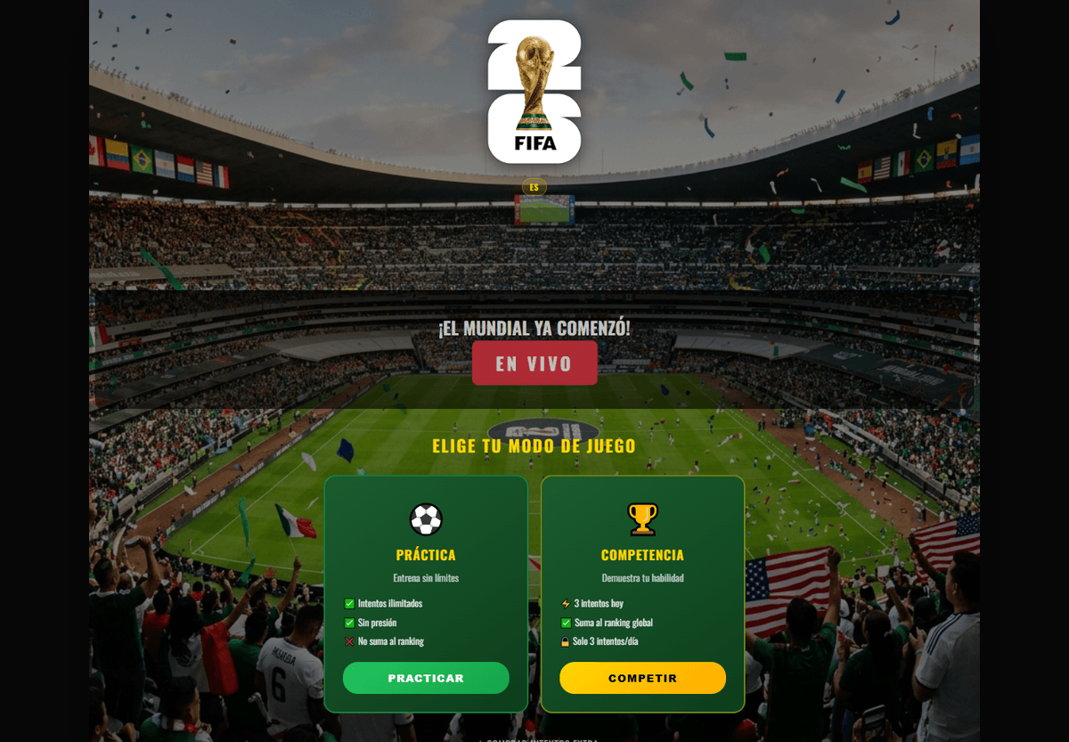 FootballWorldCup.fans homepage with stadium imagery and practice and competition mode buttons. FootballWorldCup.fans homepage with stadium imagery and practice and competition mode buttons.