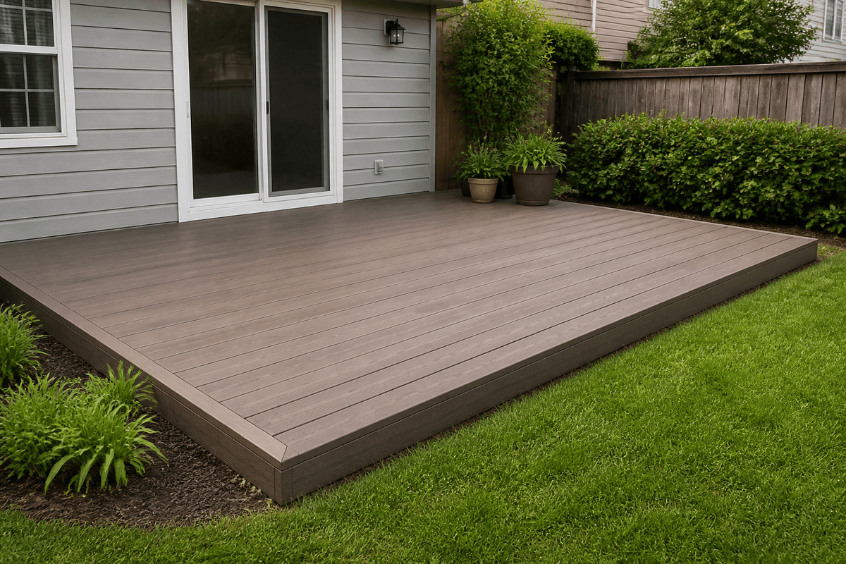 Simple ground-level deck built with affordable composite boards Simple ground-level deck built with affordable composite boards
