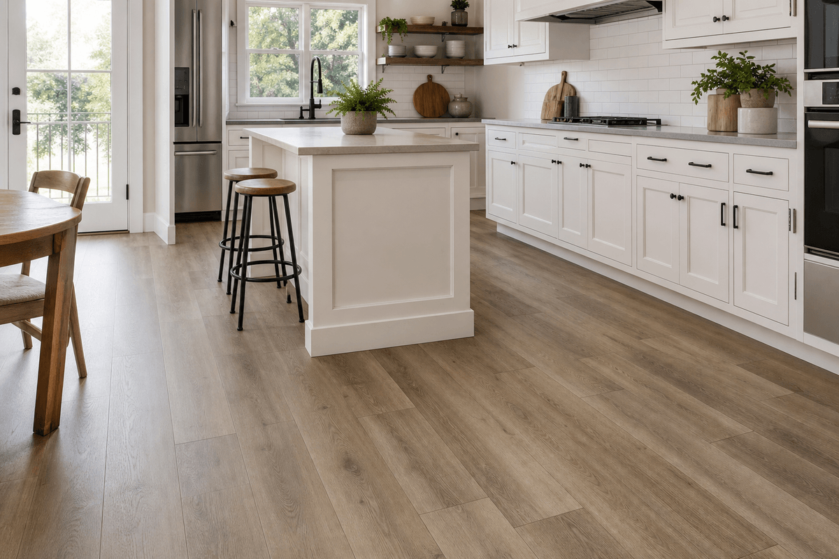 Rigid core flooring installed in a bright residential kitchen Rigid core flooring installed in a bright residential kitchen