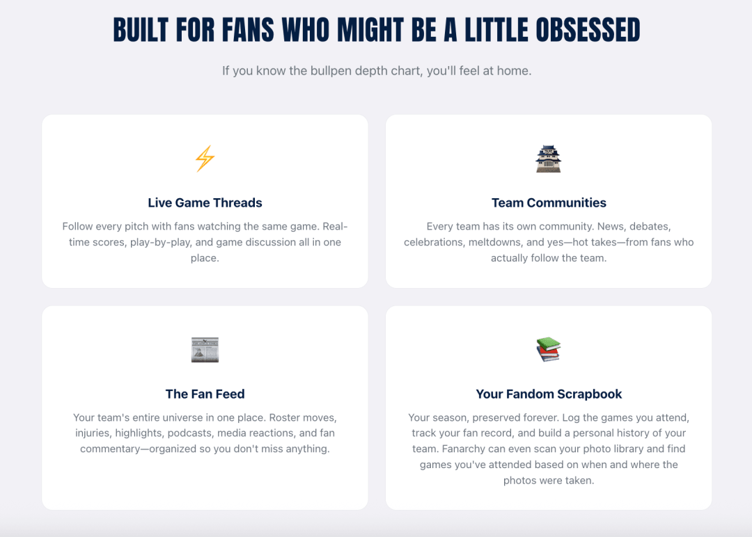 Fanarchy feature grid for live game threads, team communities, the fan feed, and a fandom scrapbook. Fanarchy feature grid for live game threads, team communities, the fan feed, and a fandom scrapbook.