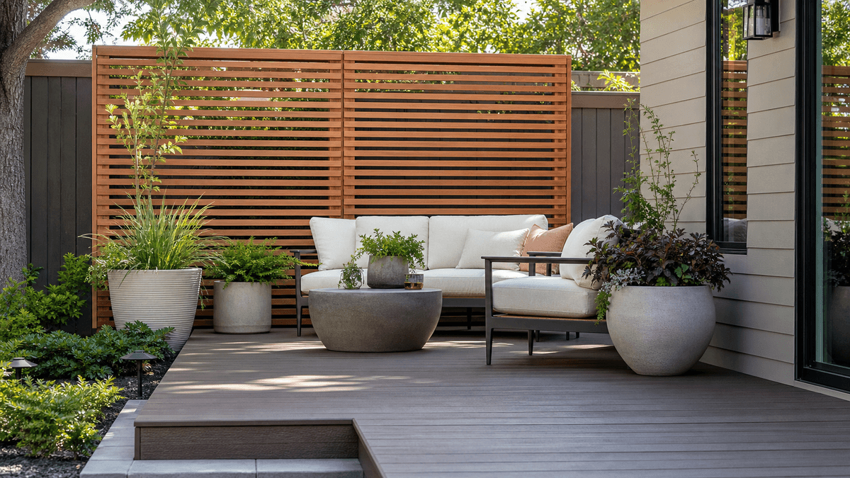 Garden screen creating privacy beside a composite deck seating area Garden screen creating privacy beside a composite deck seating area