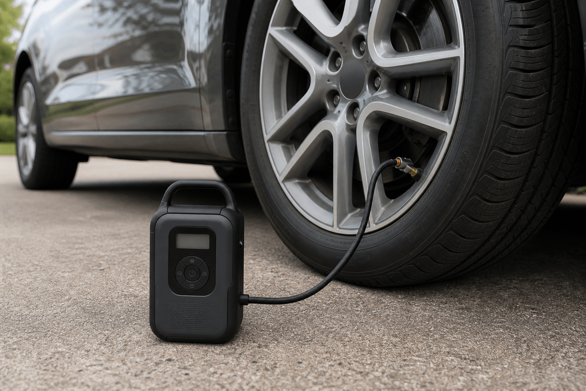 Portable tire inflator connected to a parked car tire Portable tire inflator connected to a parked car tire