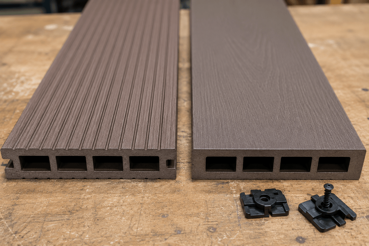 Grooved and square-edge Trex style deck boards compared side by side on a work surface Grooved and square-edge Trex style deck boards compared side by side on a work surface