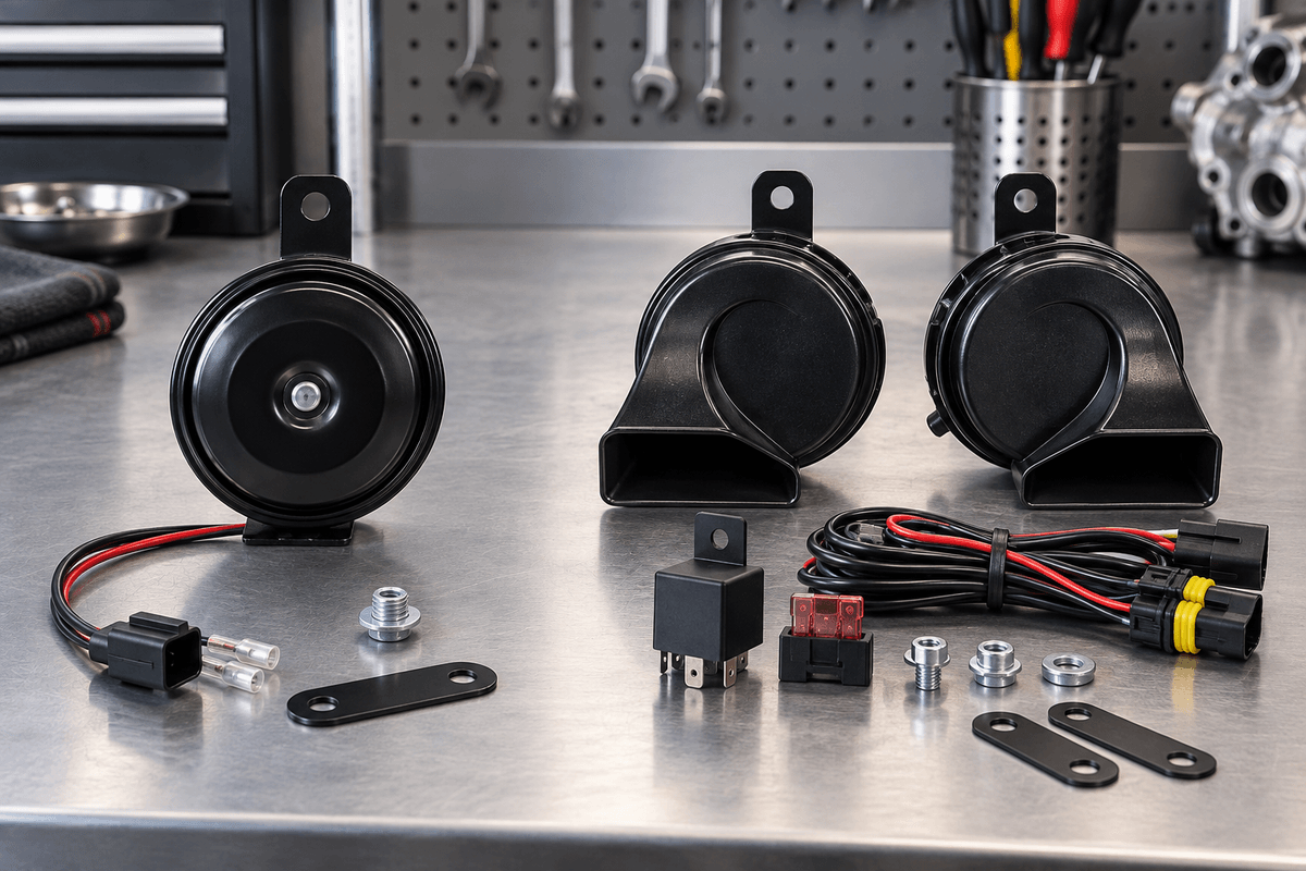 Single disc horn and dual high-low snail horn system compared on a workbench. Single disc horn and dual high-low snail horn system compared on a workbench.