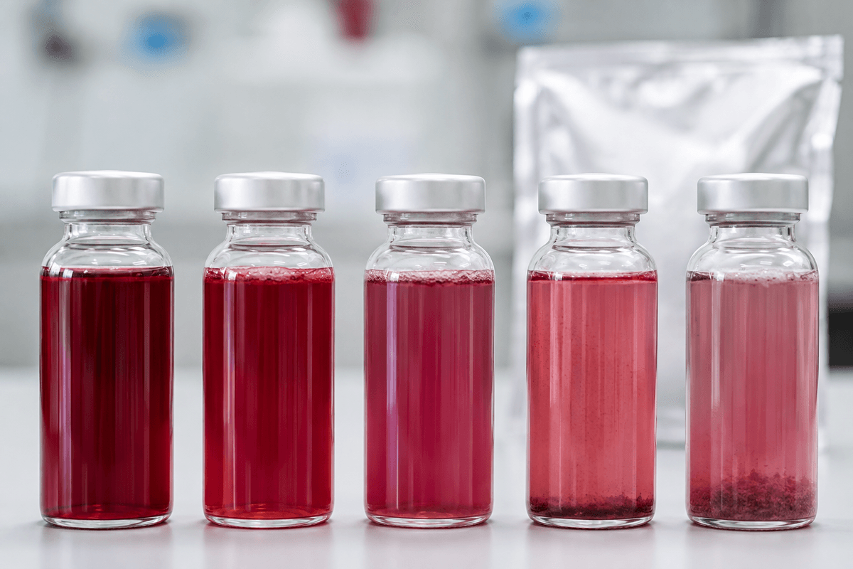 close-up beverage color stability samples under light heat and storage tests close-up beverage color stability samples under light heat and storage tests