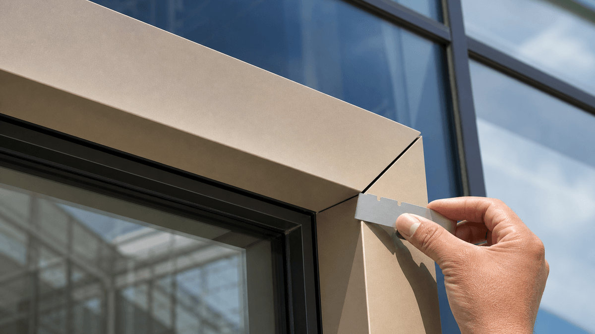Folded window reveal trim installed on a curtain wall Folded window reveal trim installed on a curtain wall