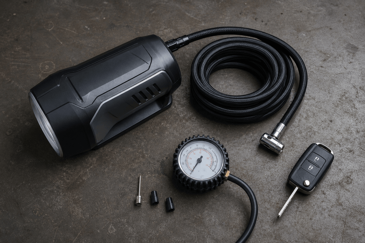 Portable tire inflator flat lay with hose gauge and valve caps Portable tire inflator flat lay with hose gauge and valve caps