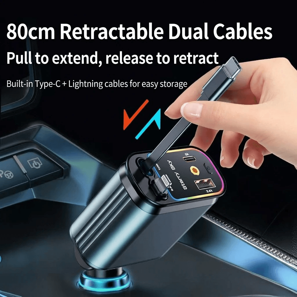 Retractable car charger cable and port detail Retractable car charger cable and port detail