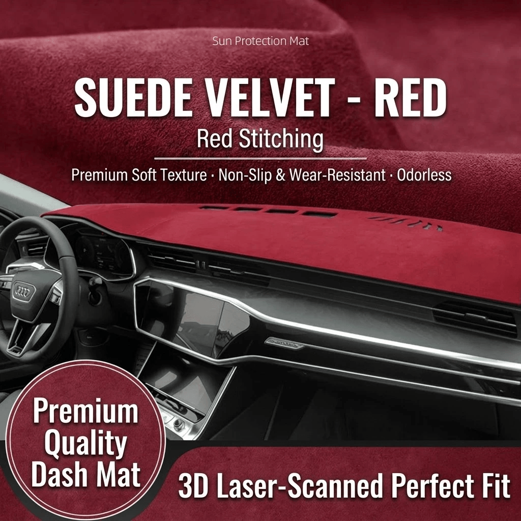 Red suede-style dashboard mat shown installed on a vehicle dashboard Red suede-style dashboard mat shown installed on a vehicle dashboard