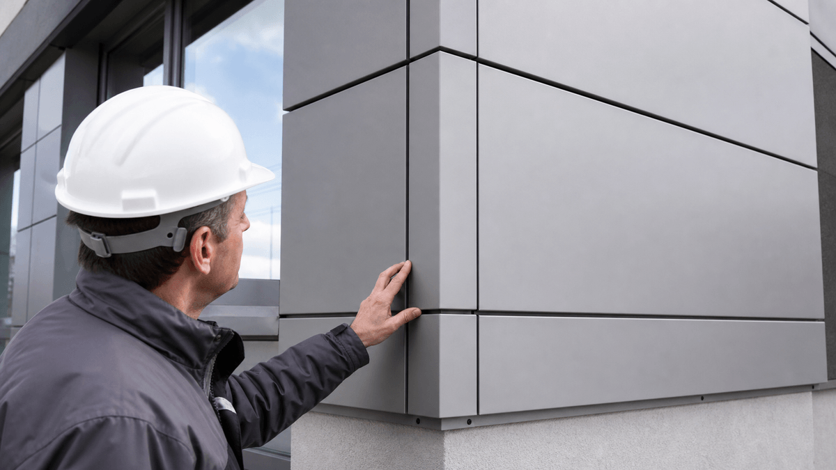 Facade corner with clean folded metal trim Facade corner with clean folded metal trim