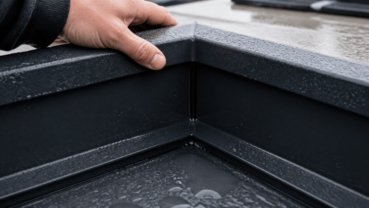 Box gutter inside corner with folded coated metal returns Box gutter inside corner with folded coated metal returns