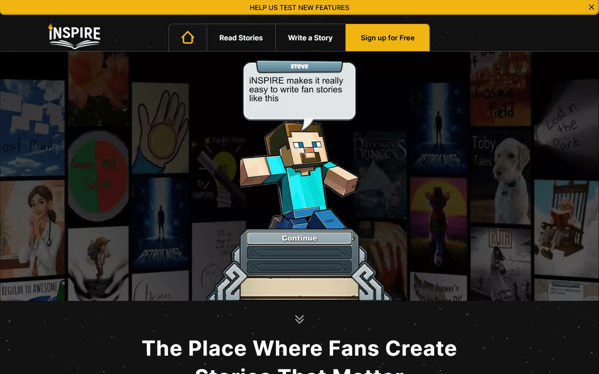 iNSPIRE homepage hero featuring a story character, navigation for readers and writers, and a free signup action. iNSPIRE homepage hero featuring a story character, navigation for readers and writers, and a free signup action.