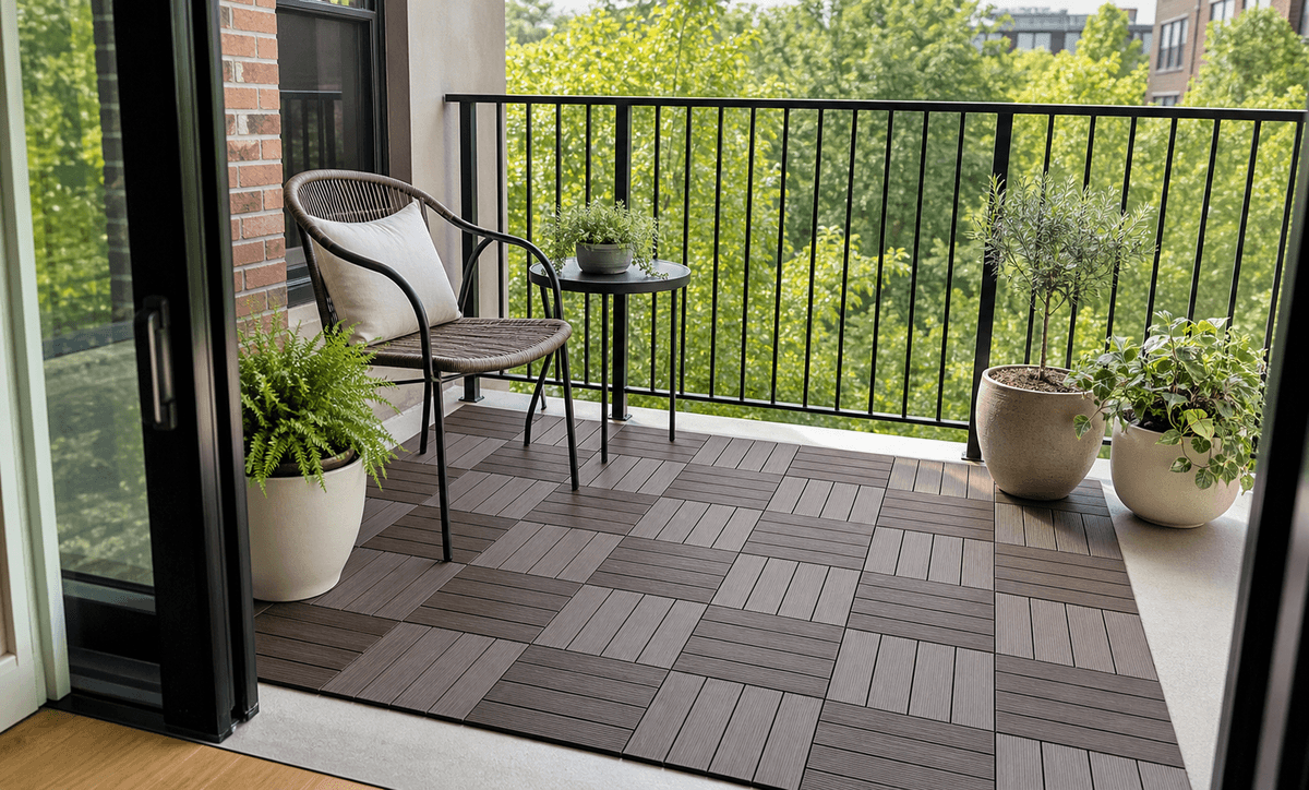 Balcony transformed with interlocking composite deck tiles Balcony transformed with interlocking composite deck tiles