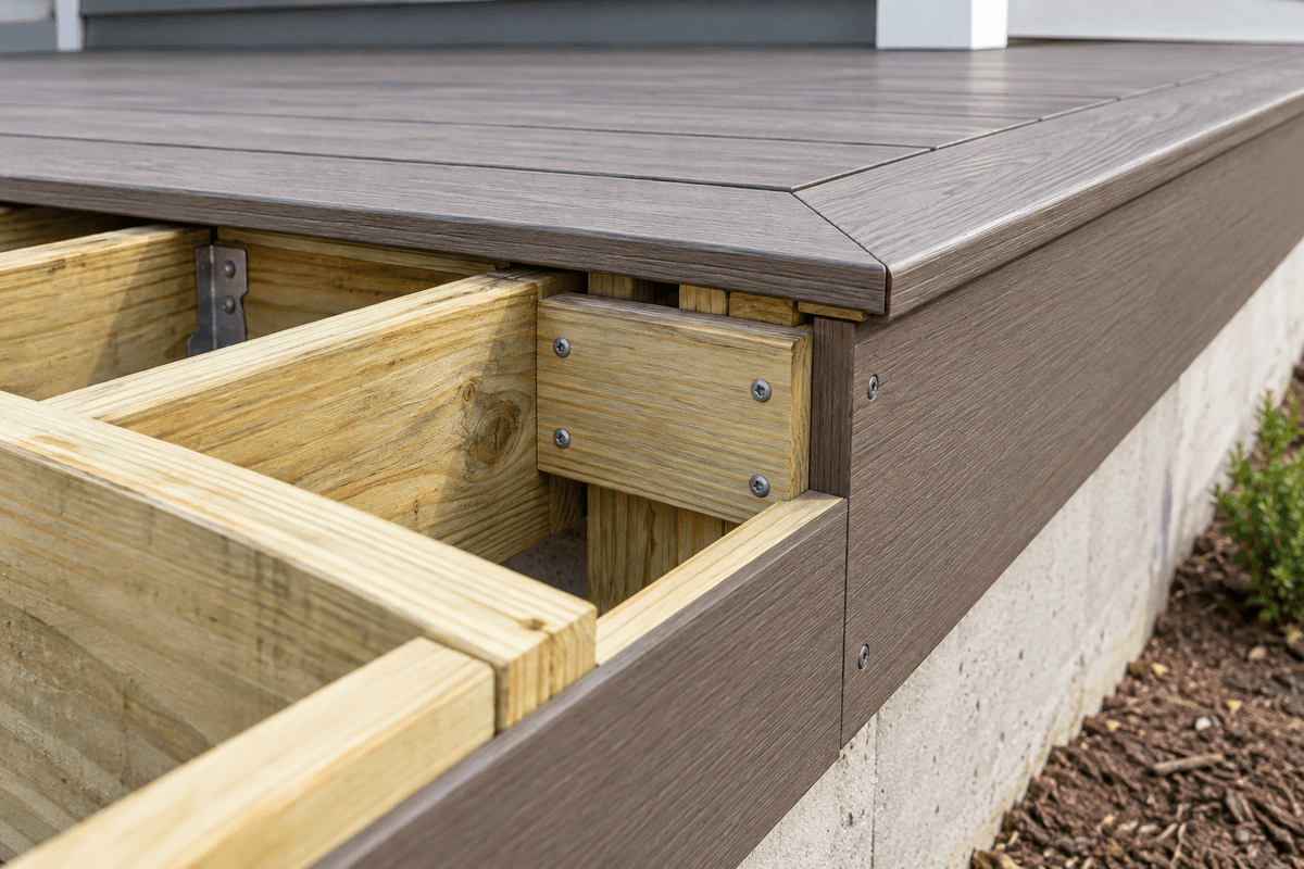 Composite deck with contrasting picture-frame border Composite deck with contrasting picture-frame border