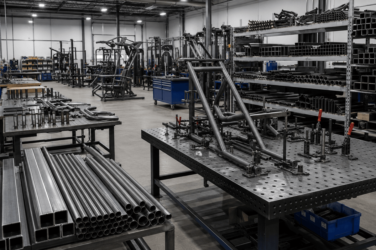 Fitness equipment frame kits organized for assembly after consistent tube cutting Fitness equipment frame kits organized for assembly after consistent tube cutting