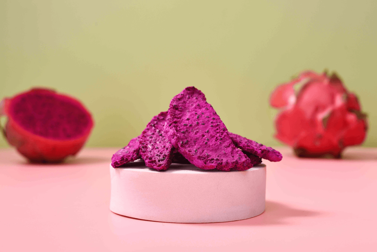 Colorful display featuring freeze dried dragon fruit. Colorful display featuring freeze dried dragon fruit.