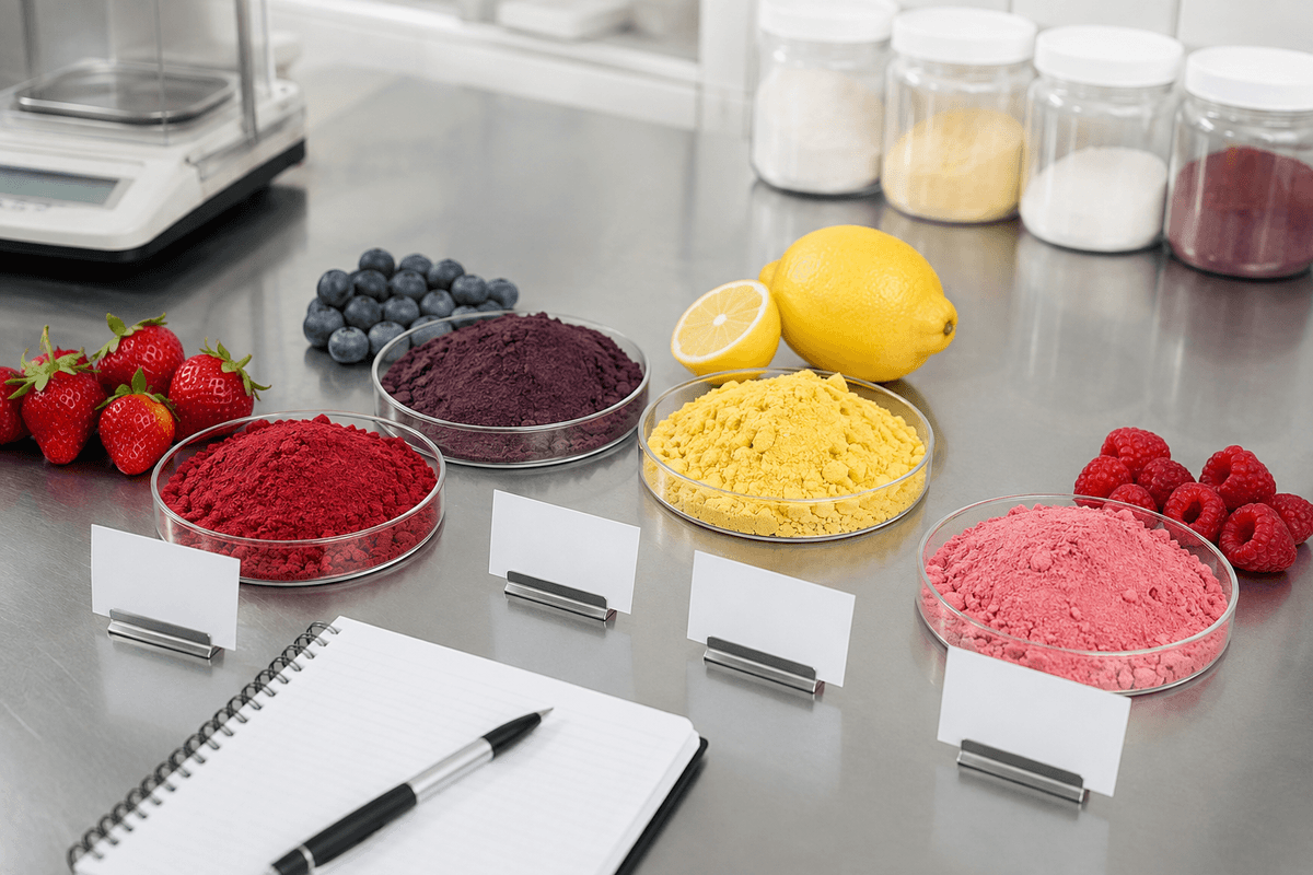 clean label fruit coloring powders beside a simple ingredient development brief clean label fruit coloring powders beside a simple ingredient development brief