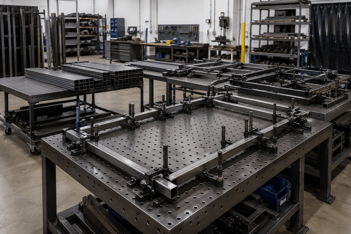 Square tube furniture frame parts loaded into welding fixtures with consistent alignment Square tube furniture frame parts loaded into welding fixtures with consistent alignment