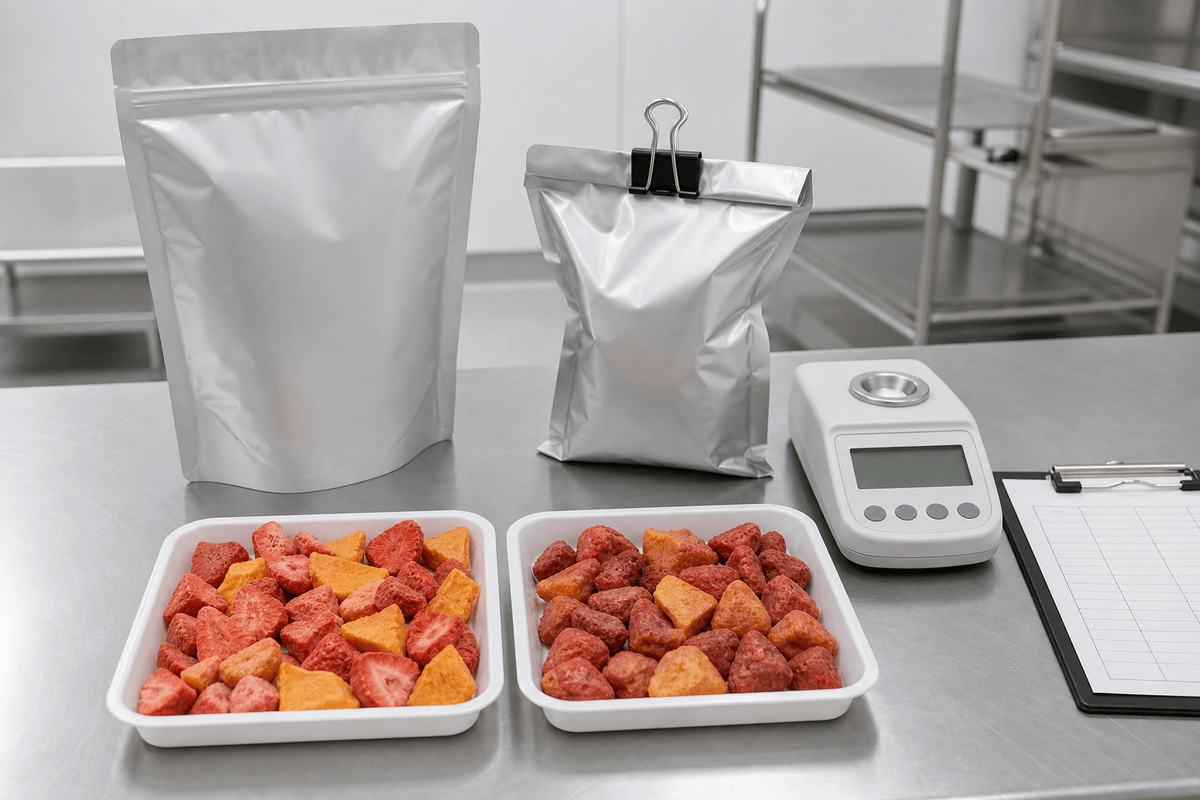 freeze-dried fruit transferred from dryer to humidity-controlled packing freeze-dried fruit transferred from dryer to humidity-controlled packing