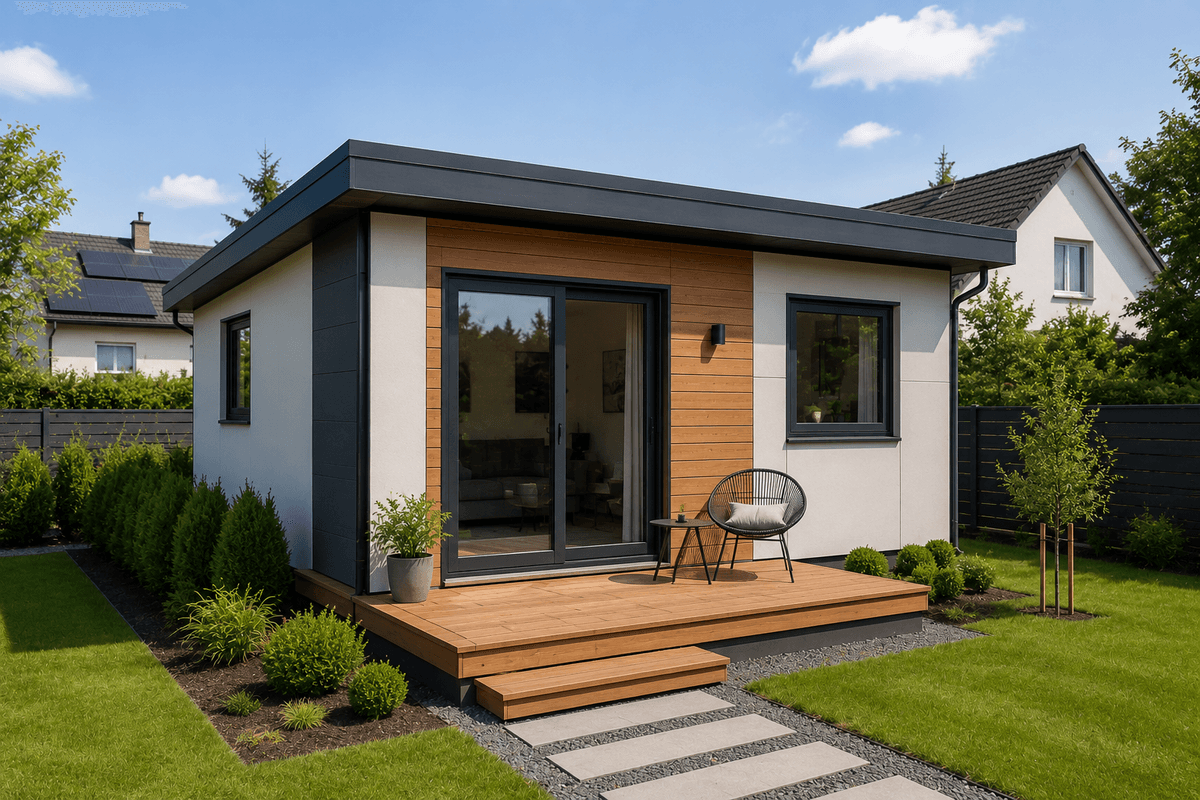 Casa modular pequeña con terraza exterior Casa modular pequeña con terraza exterior