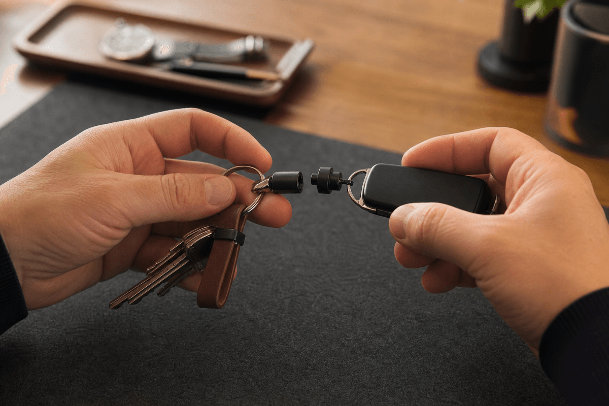 Adult hands detaching a quick release keyring before handing over a car fob Adult hands detaching a quick release keyring before handing over a car fob