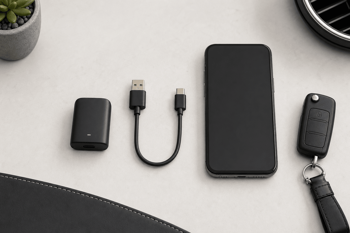 Wireless CarPlay adapter cable and phone flat lay Wireless CarPlay adapter cable and phone flat lay